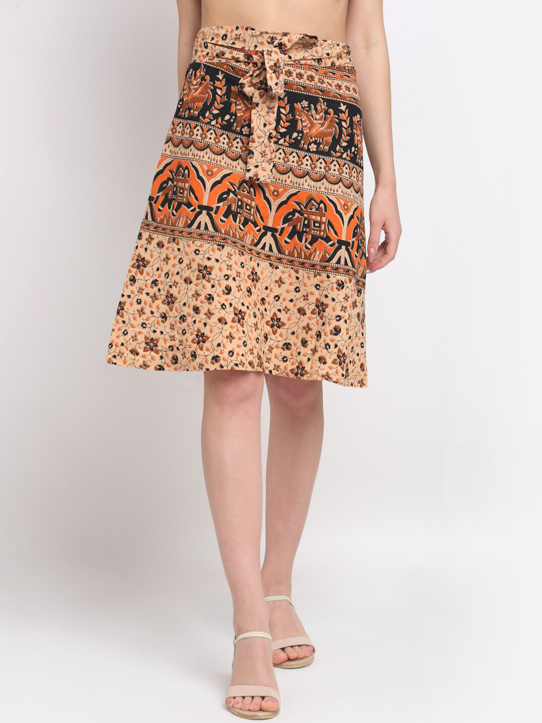 SOUNDARYA Women Beige Printed Cotton Wrap Skirt