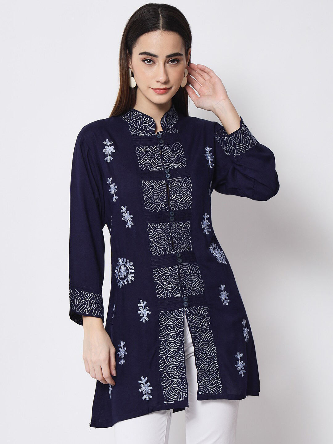 VELDRESS Navy Blue Print Mandarin Collar Shirt Style Longline Top