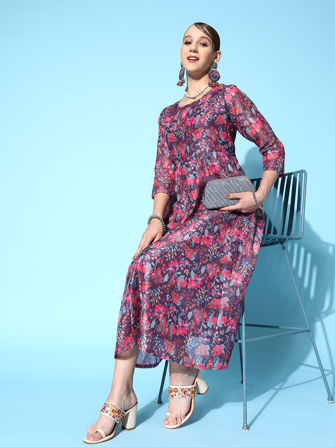 Shae by SASSAFRAS Purple Floral Print Anarkali Maxi Dress