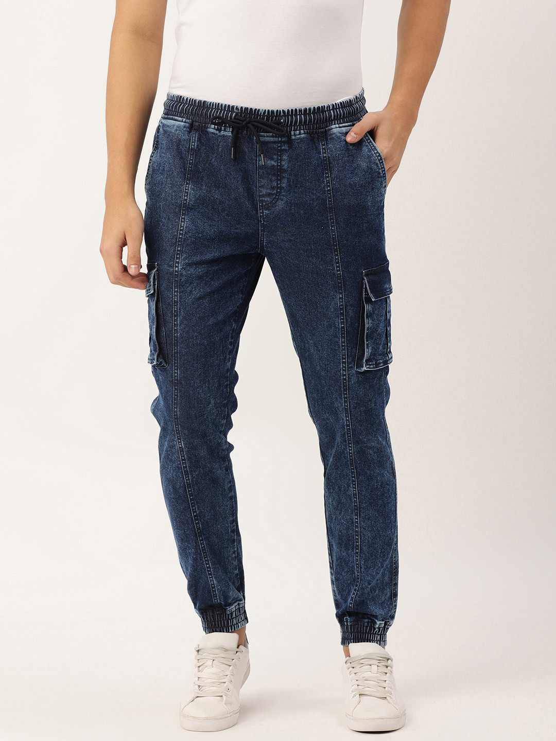 IVOC Men Navy Blue Light Fade Stretchable Cargo Jeans