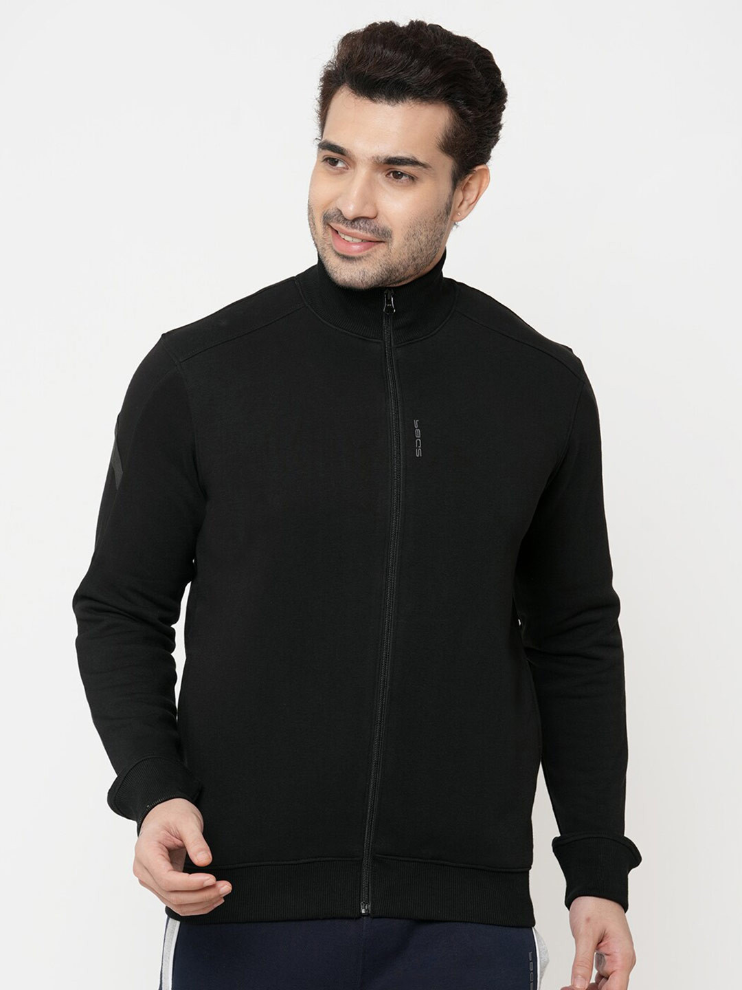 Sweet Dreams Men Black Mock Collar Front Open Sweatshirt