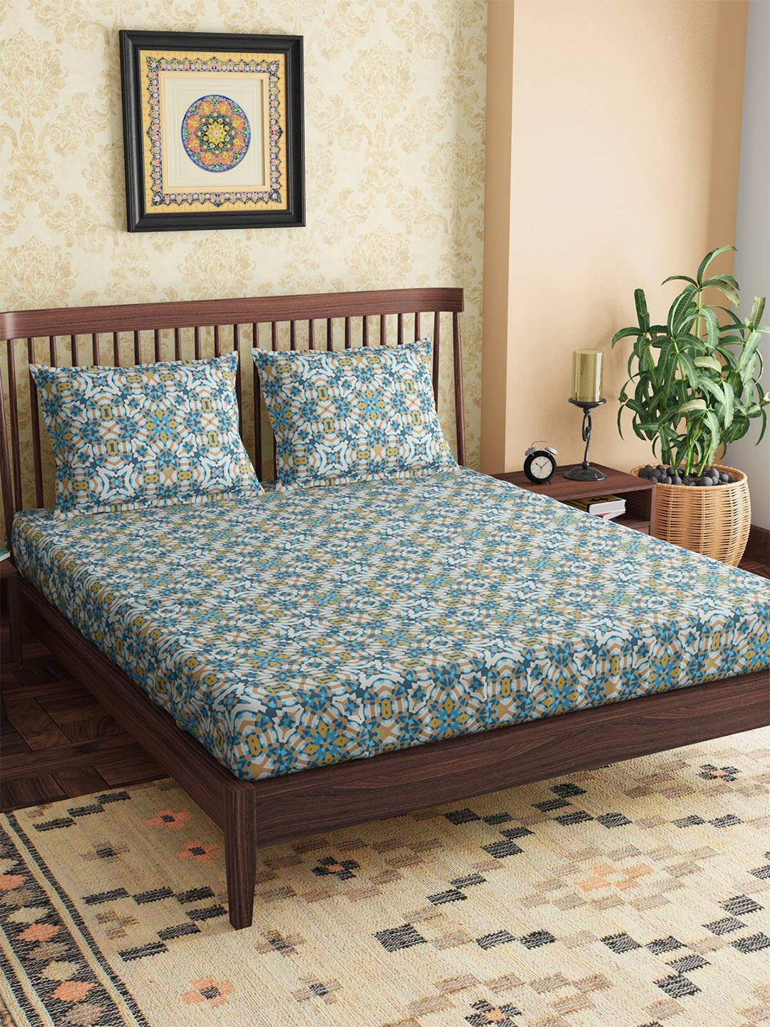 PETAL HOME Alhambra Teal Floral Pure Cotton Skin-Friendly 300 TC Queen Fine Bedsheet with 2 Pillow Covers-90 x 100 inches