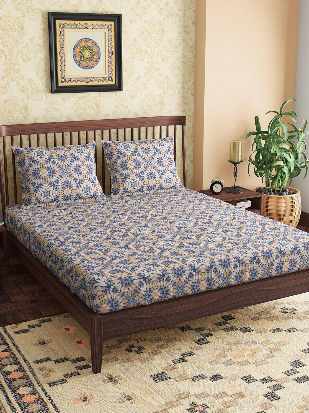 PETAL HOME Alhambra White Floral Pure Cotton Skin-Friendly 300 TC Queen Fine Bedsheet with 2 Pillow Covers-90 x 100 inches