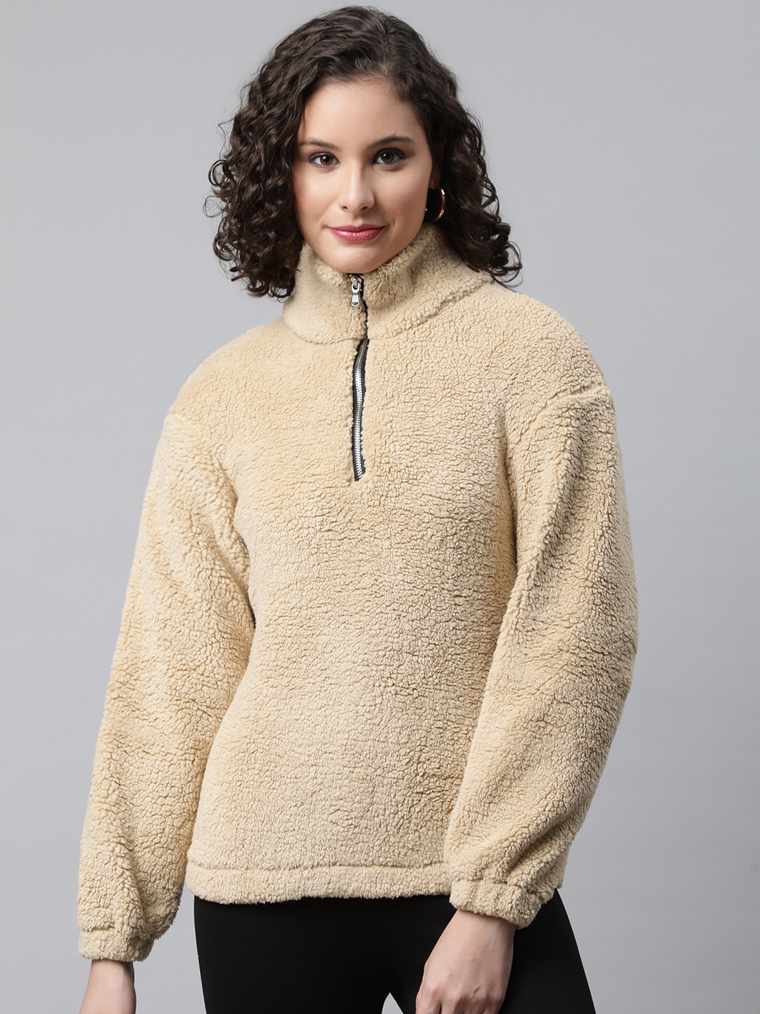 Popnetic Women Beige Faux Fur Sweatshirt