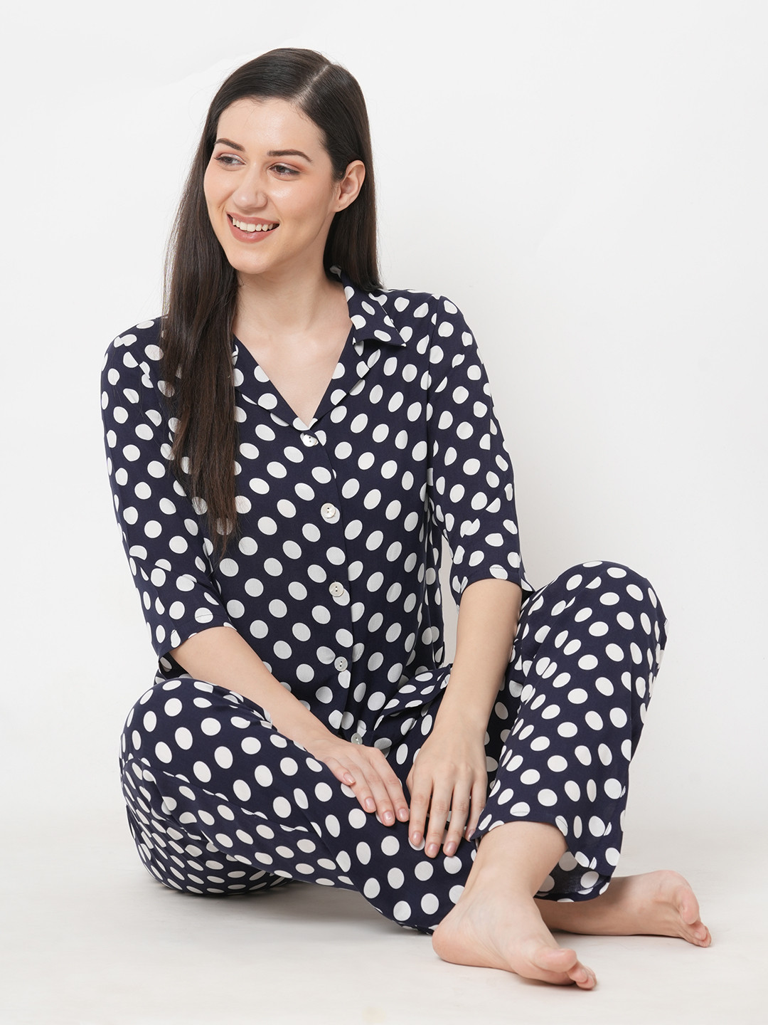SDL by Sweet Dreams Women Navy Blue & White Printed Night suit