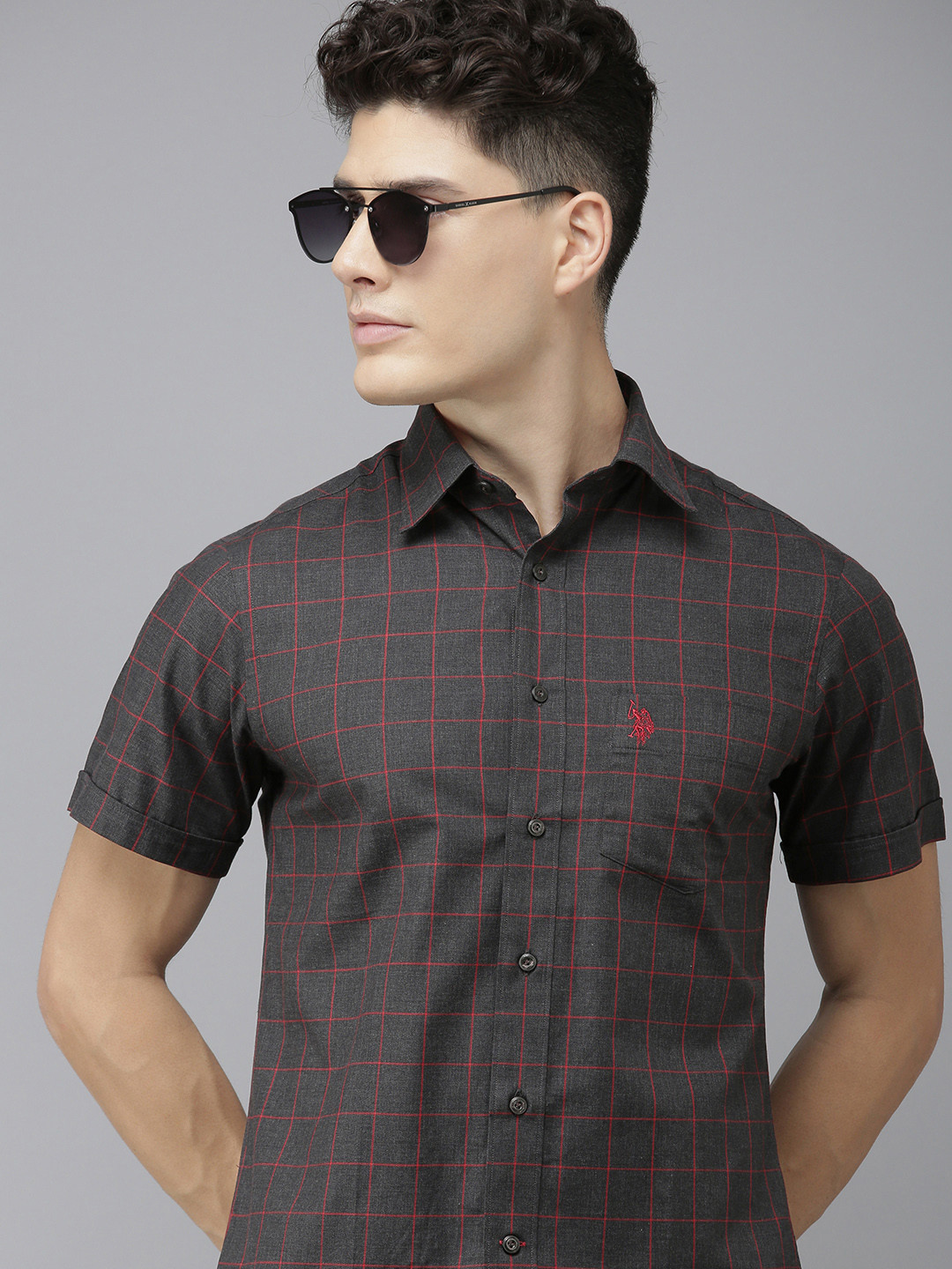 U S Polo Assn Men Charcoal Grid Tattersall Checks Pure Cotton Casual Shirt