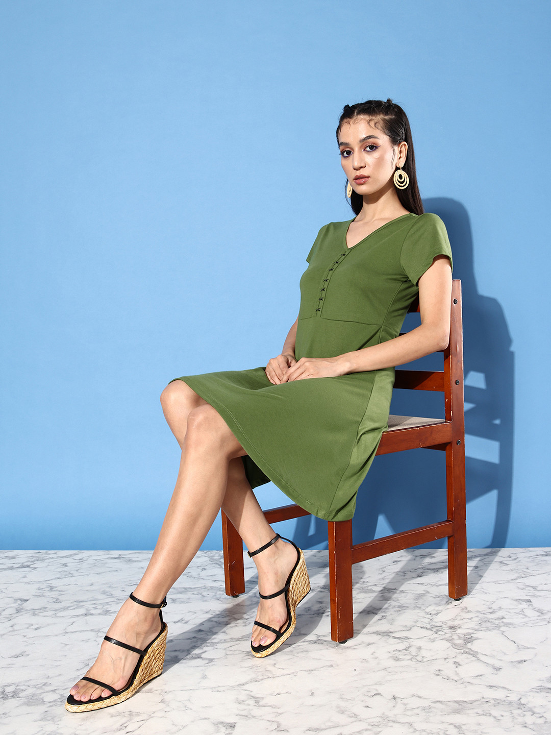 4WRD by Dressberry Fresh Green Solid V-Neck Shoulder Play A-Line Dress
