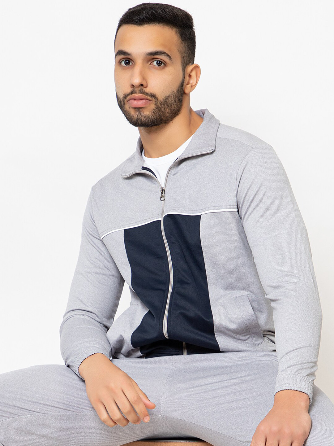ARMISTO Men Grey Melange Navy Blue Colourblocked Water Resistant Dry Fit Open Front Jacket