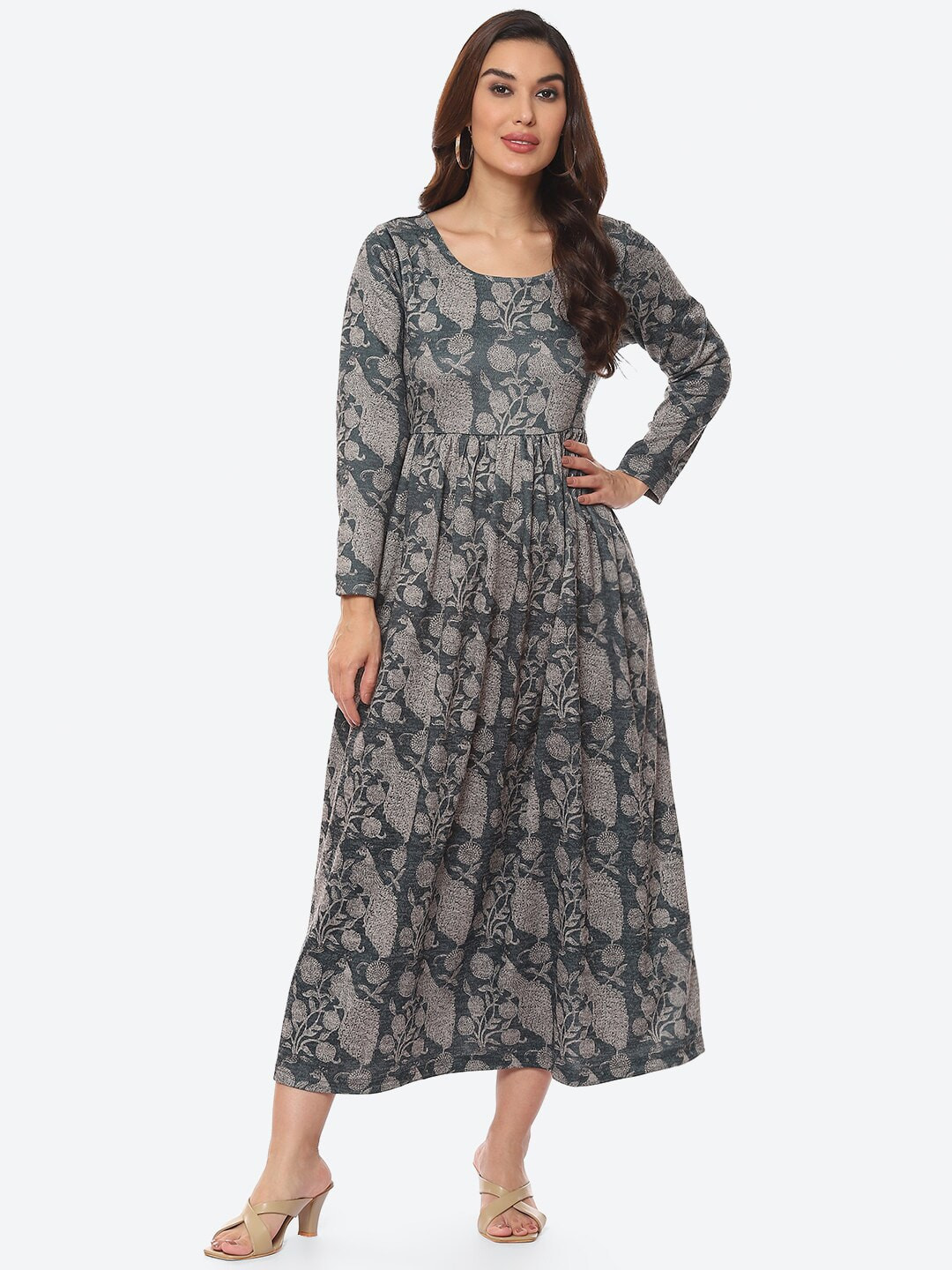 Biba Women Charcoal & Beige Floral Printed Polyester Fit and Flare Midi Dress