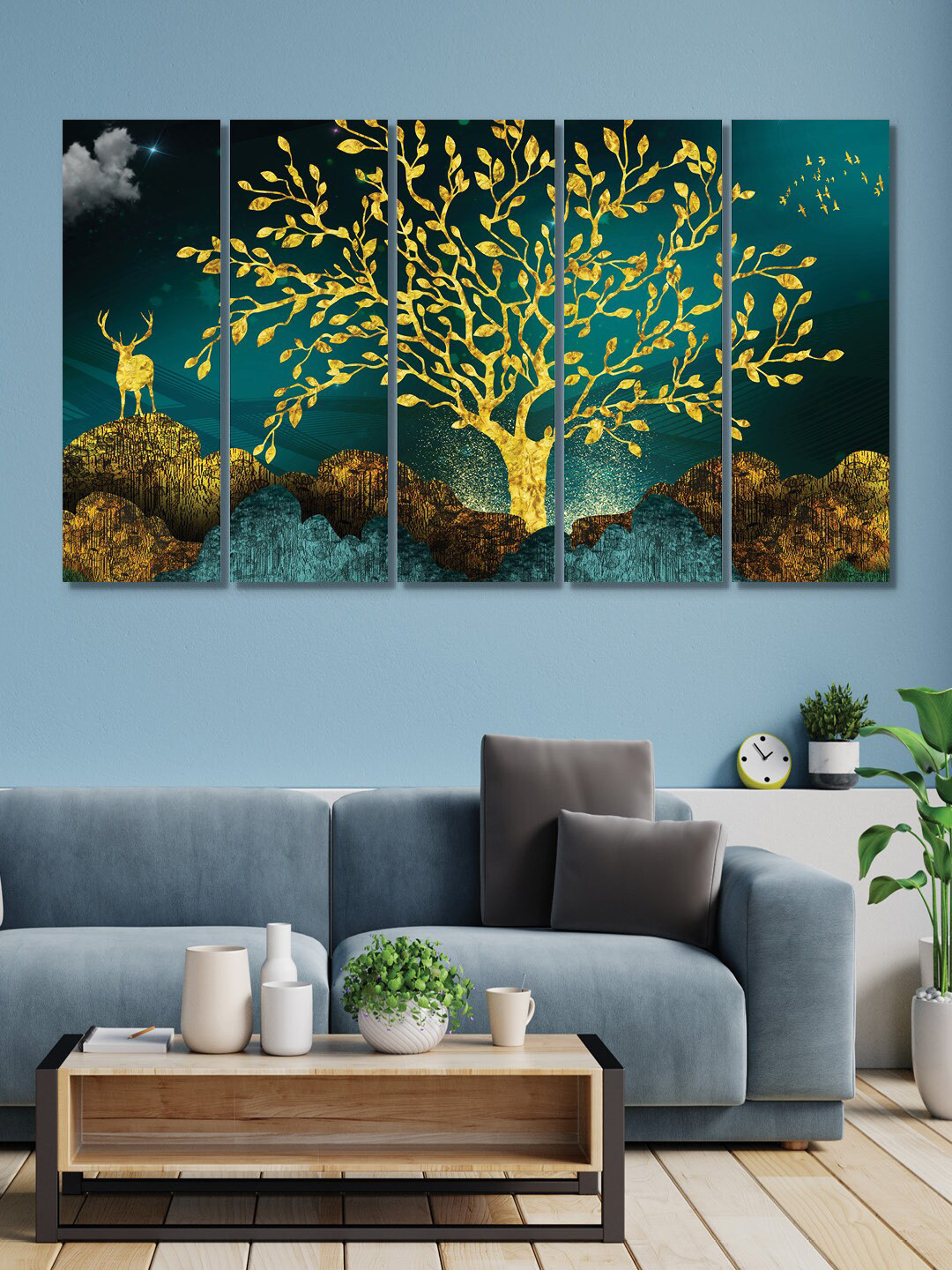 RANDOM Teal Green & Gold Toned Golden Tree & Deer MDF Vinyle Painting