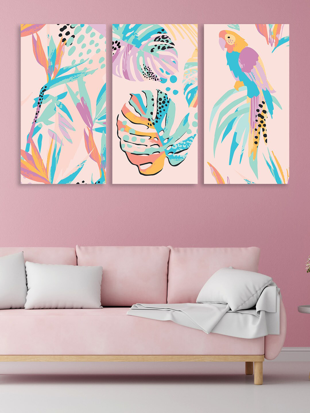 RANDOM Set Of 3 Pink & Blue Abstract Pop Art Canvas Framed Wall Painting
