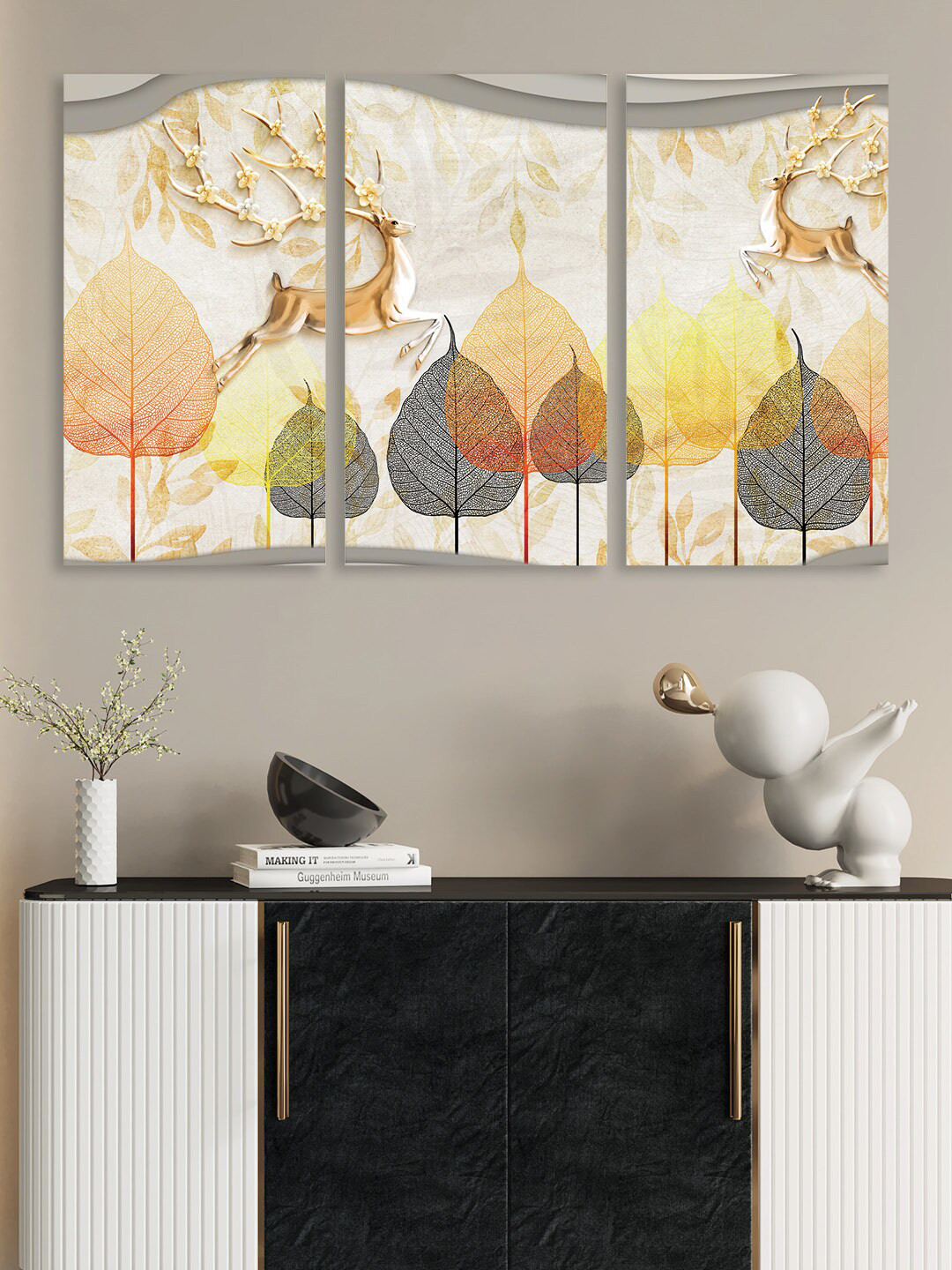 RANDOM Set Of 3 Yellow Abstract Printed Framed Wall Painting