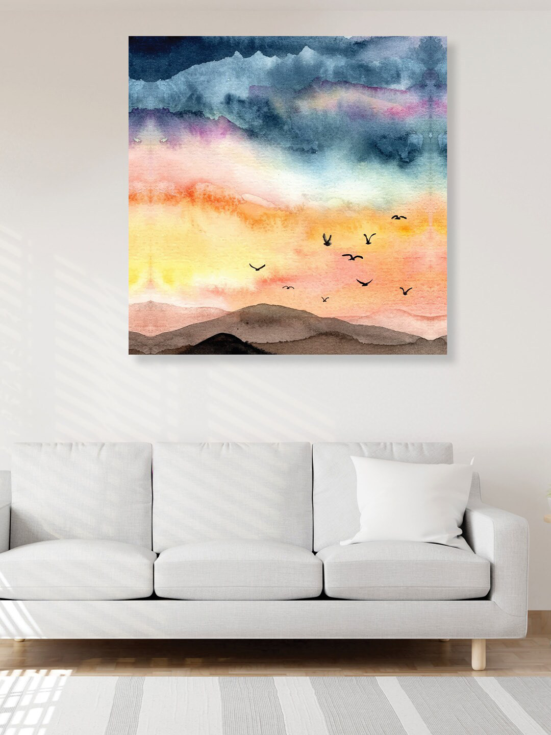 RANDOM Orange & Blue Landscape View With Flying Birds Canvas Painting Wall Art