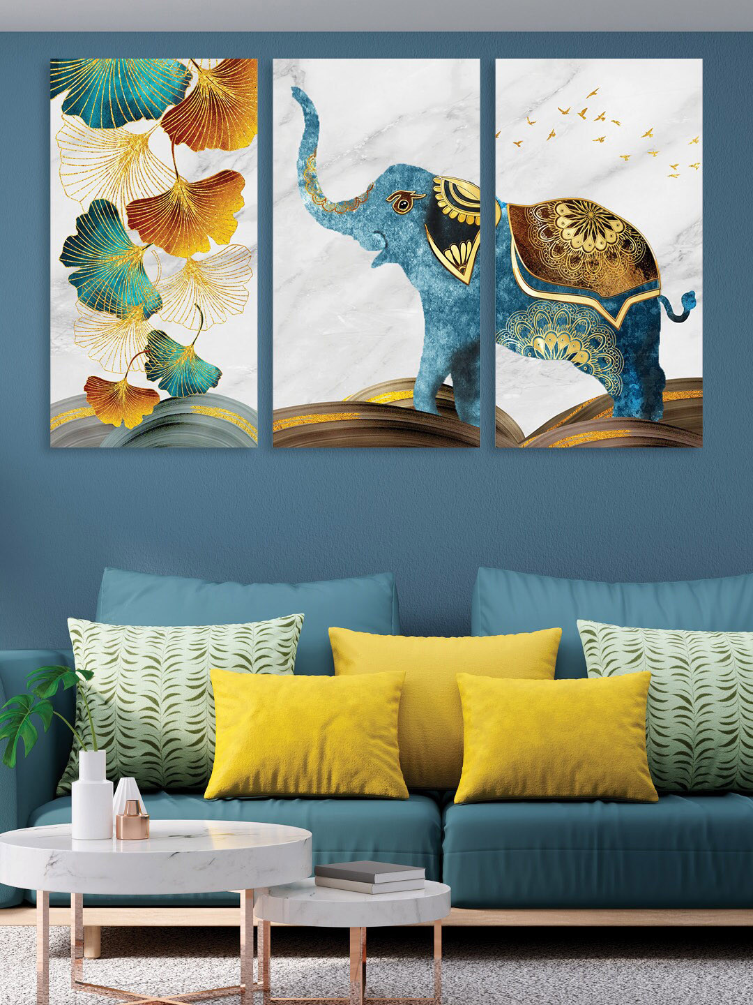 RANDOM Set Of 3 Turquoise Blue & Gold Toned Beautiful Elephant Canvas Painting Wall Art