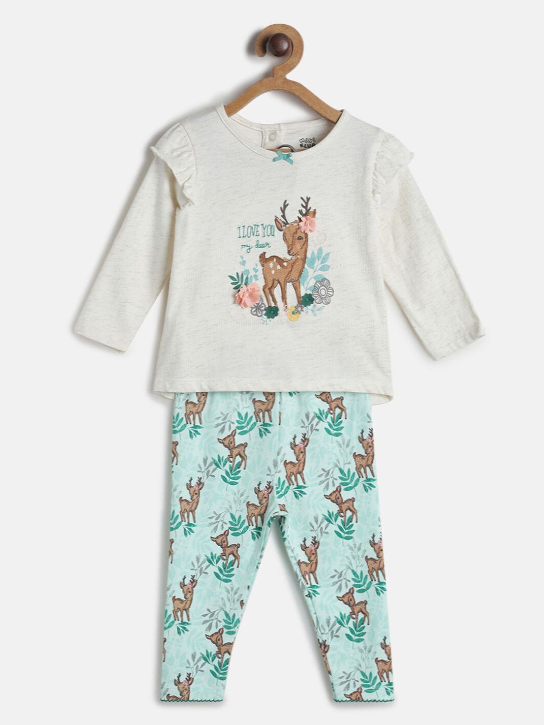 MINI KLUB Infant Girls Off White & Blue Printed Pure Cotton T-shirt with Pyjama Set