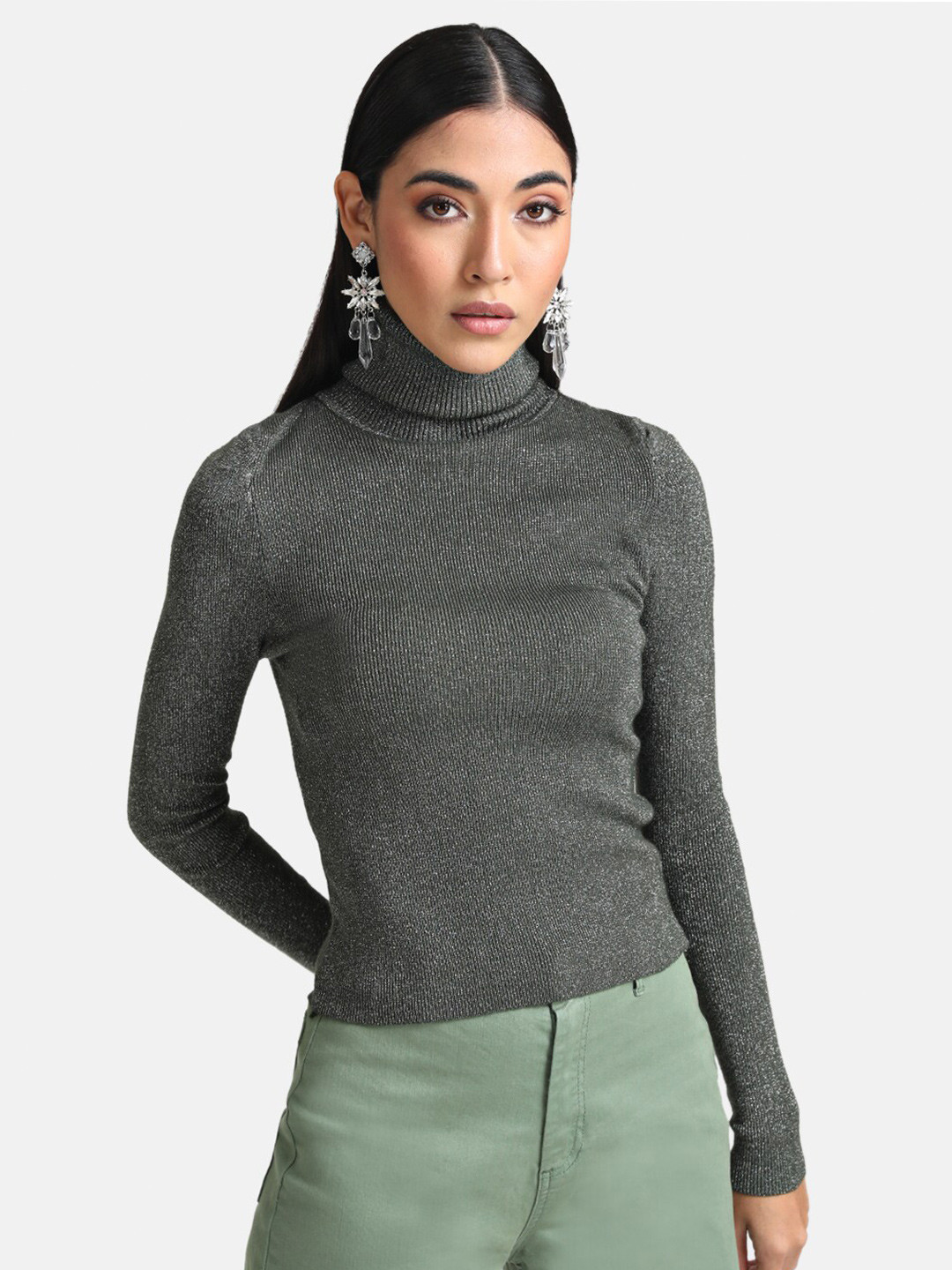 Kazo Women Olive Green Turtle Neck Pullover