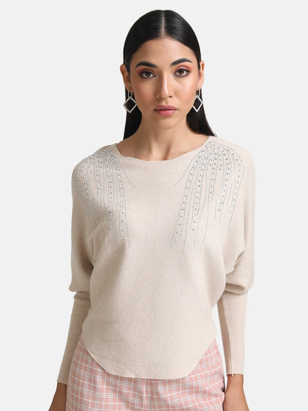 Kazo Women Beige & Silver Ribbed Pullover with Embellished Detail