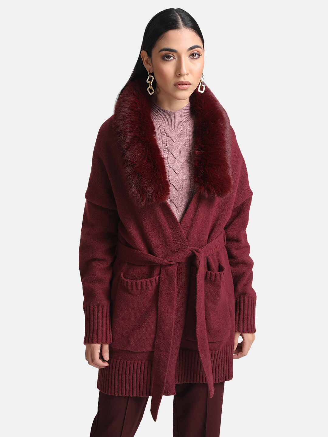 Kazo Women Maroon Longline with Embellished Sweaters