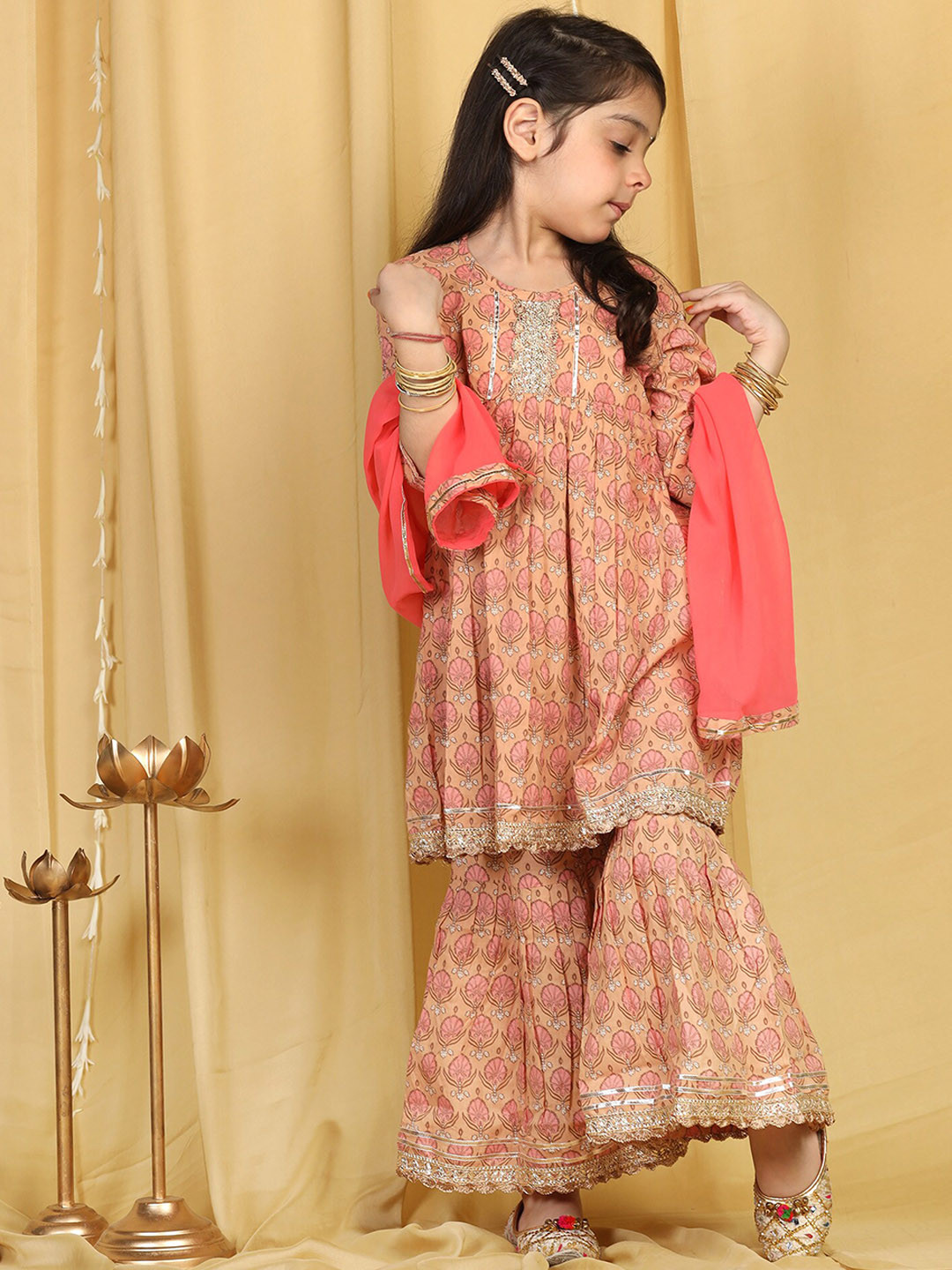 ADIVA Girls Peach-Coloured Ethnic Motifs Printed Empire Gotta Patti Pure Cotton Kurta with Sharara & With