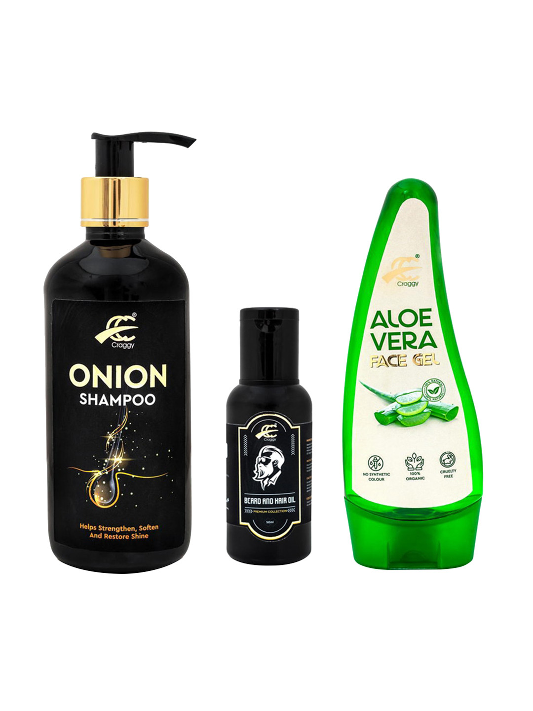 Craggy Cosmetic Men Set of Onion Shampoo 300ml & Beard Hair Oil 50ml with Aloe Vera Gel