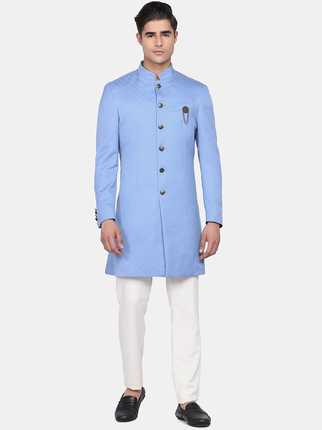 Blackberrys Men Blue & White 2-Piece Solid Slim-Fit Bandhgala Suit