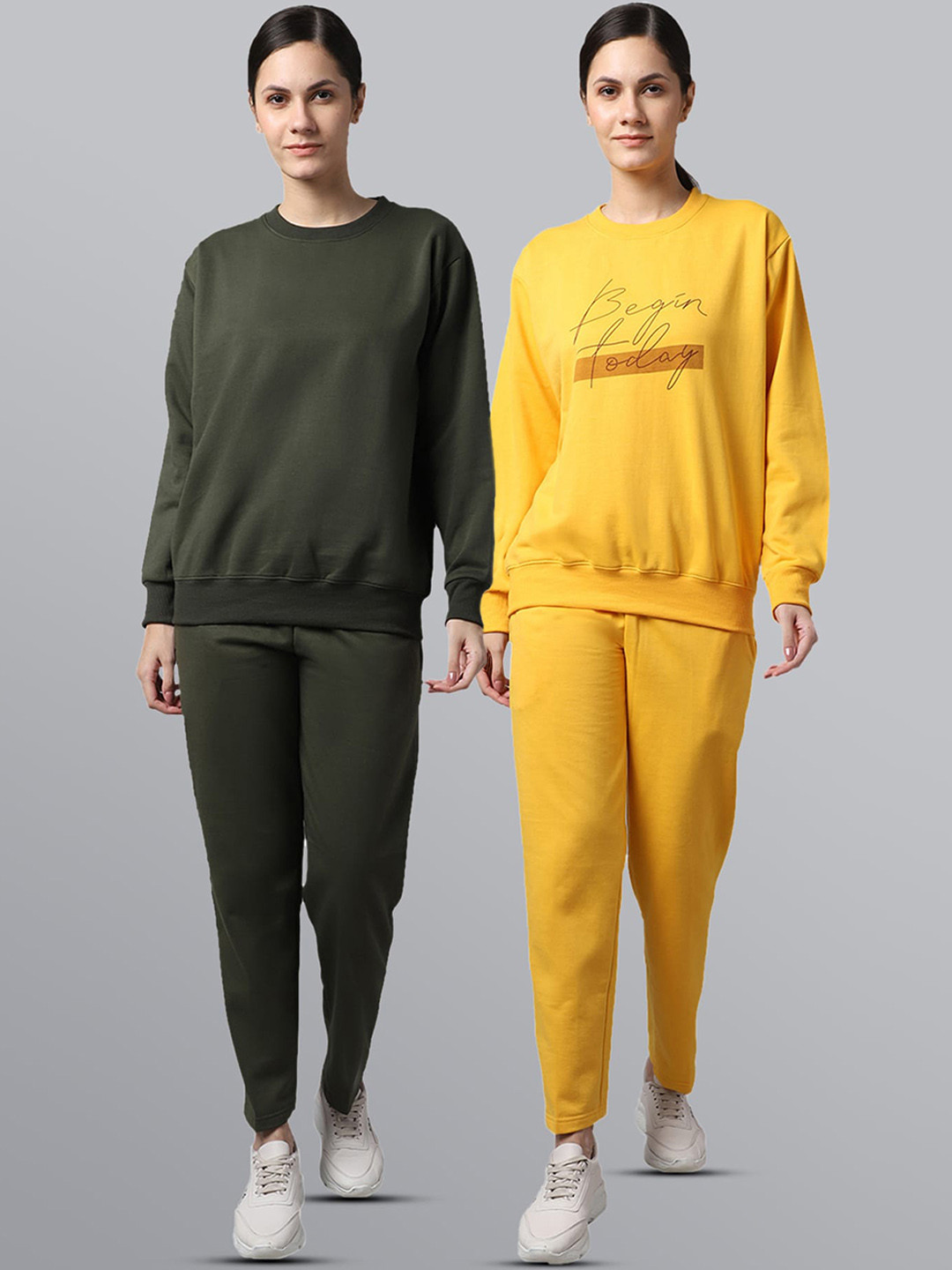 MACK JONNEY Women Set Of 2 Yellow & Olive Printed Cotton Tracksuits