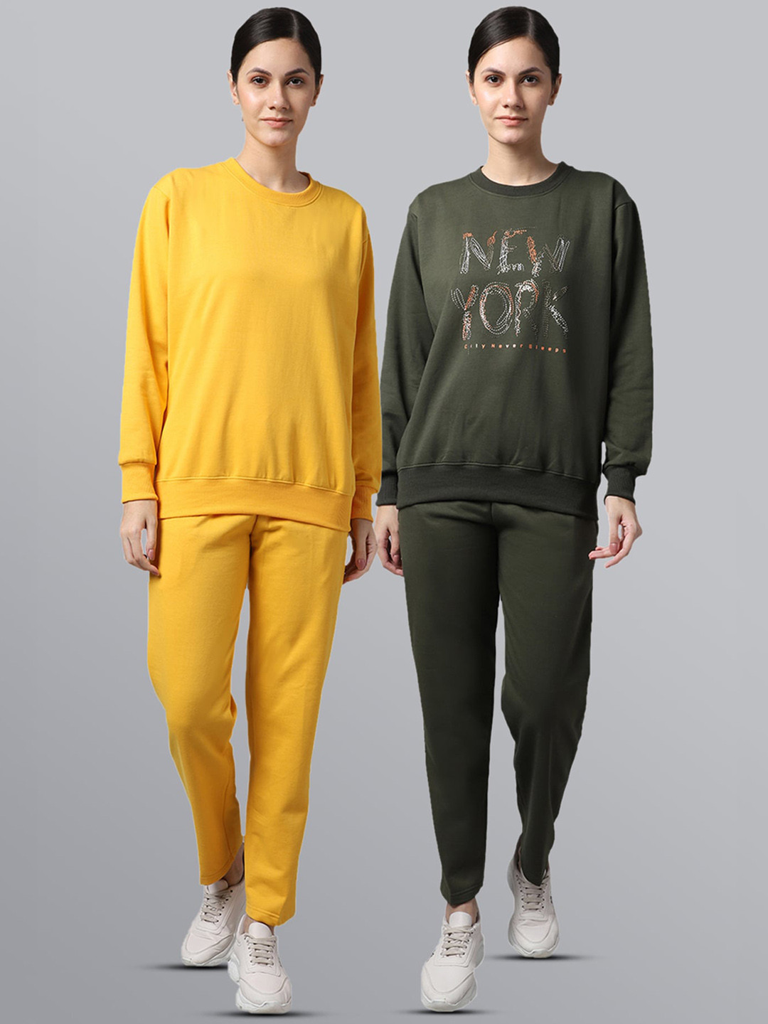 MACK JONNEY Women Pack Of 2 Olive Green & Yellow Printed Fleece Tracksuits