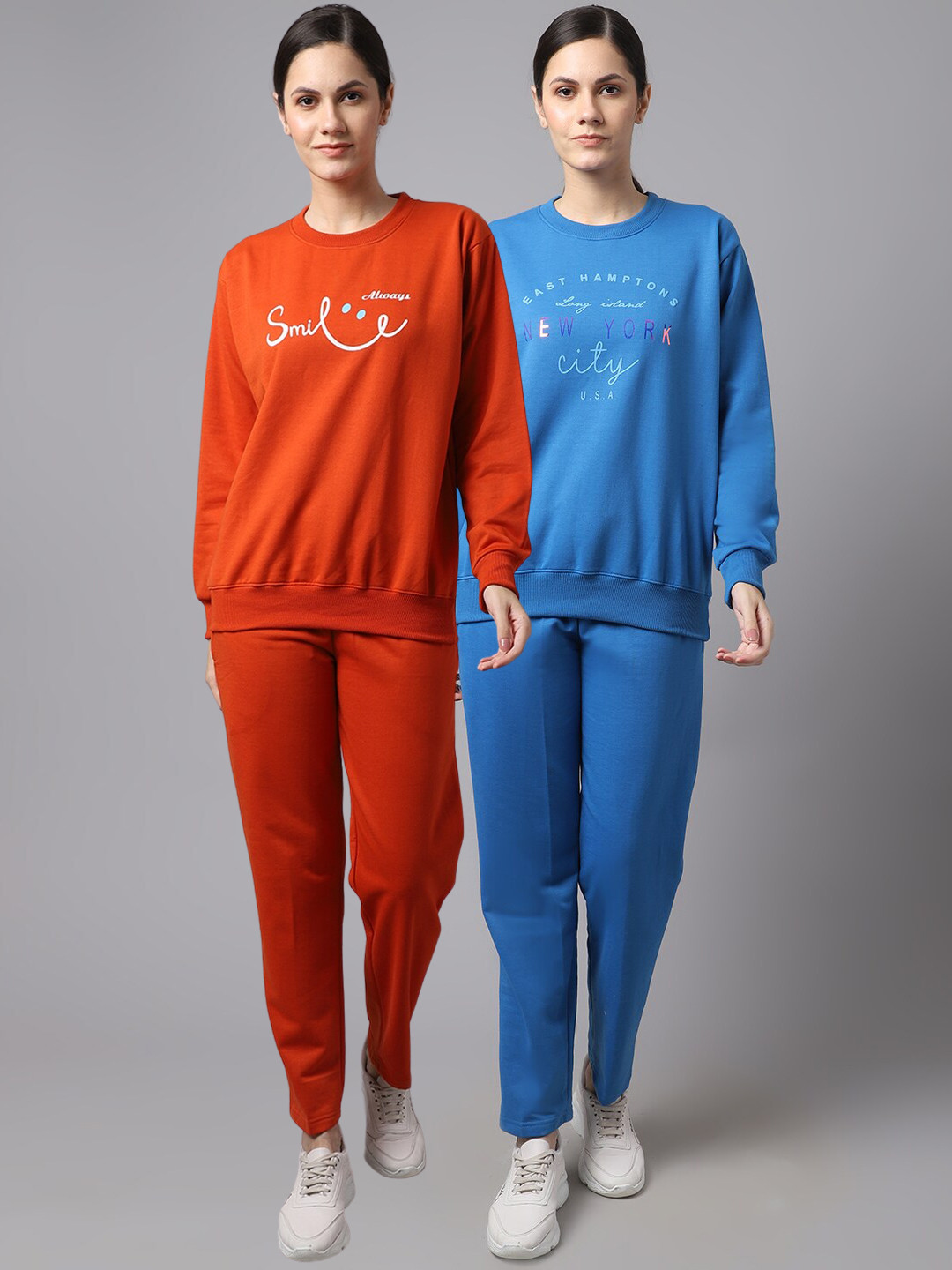 MACK JONNEY Women Pack Of 2 Orange & Blue Printed Fleece Tracksuits