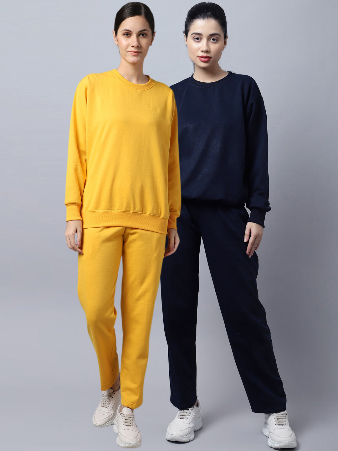 MACK JONNEY Women Pack Of 2 Yellow and Navy Blue Solid Fleece Tracksuits