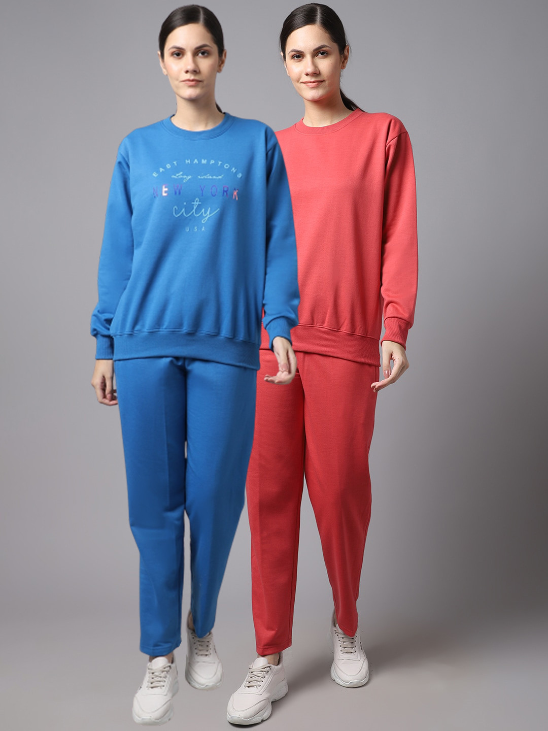 MACK JONNEY Women Pack Of 2 Coral and Blue Printed Fleece Tracksuits