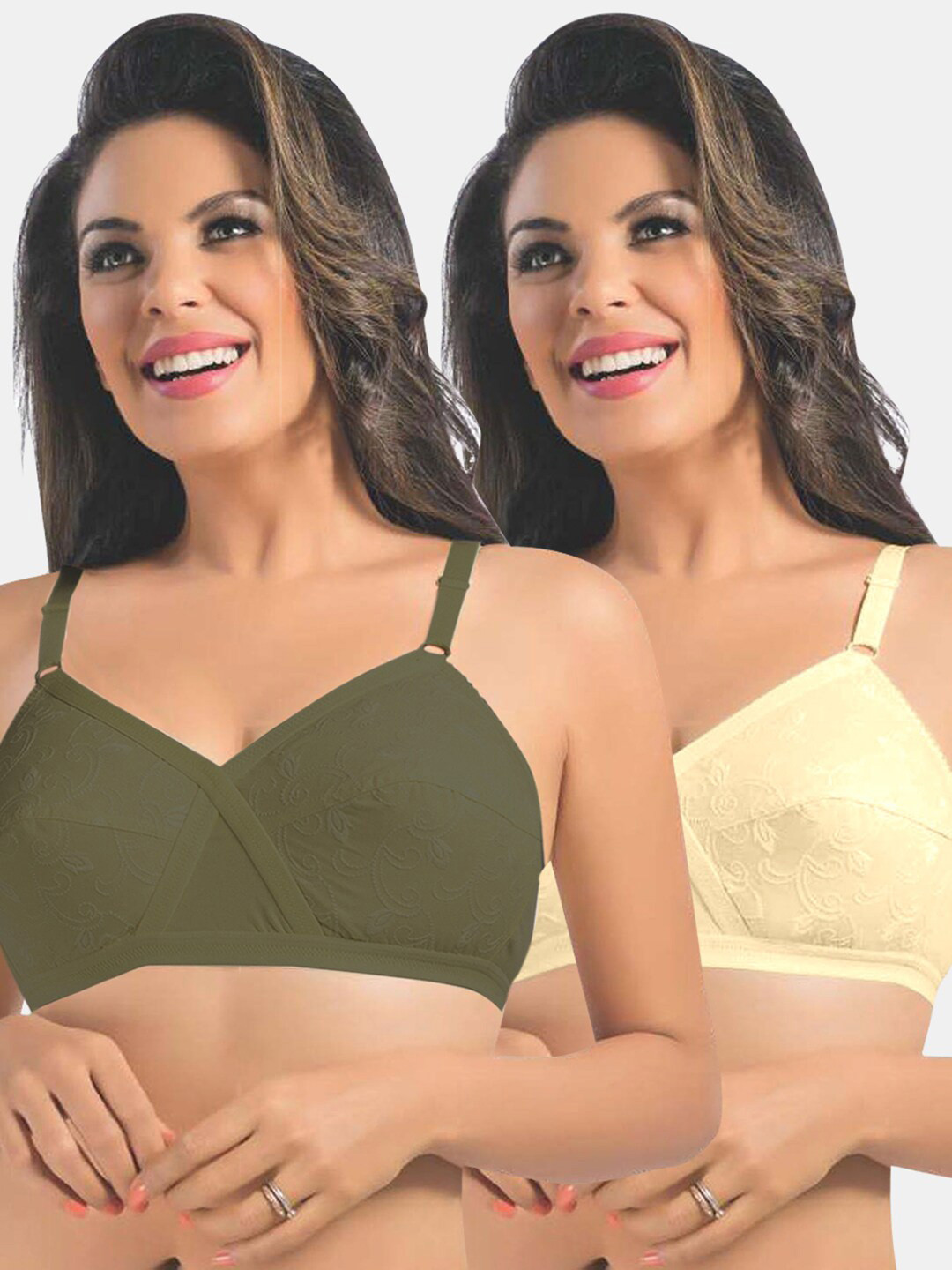 Sonari Green & Beige 2 Floral  Everyday Pure Cotton Bra uniqueoliveskin32C