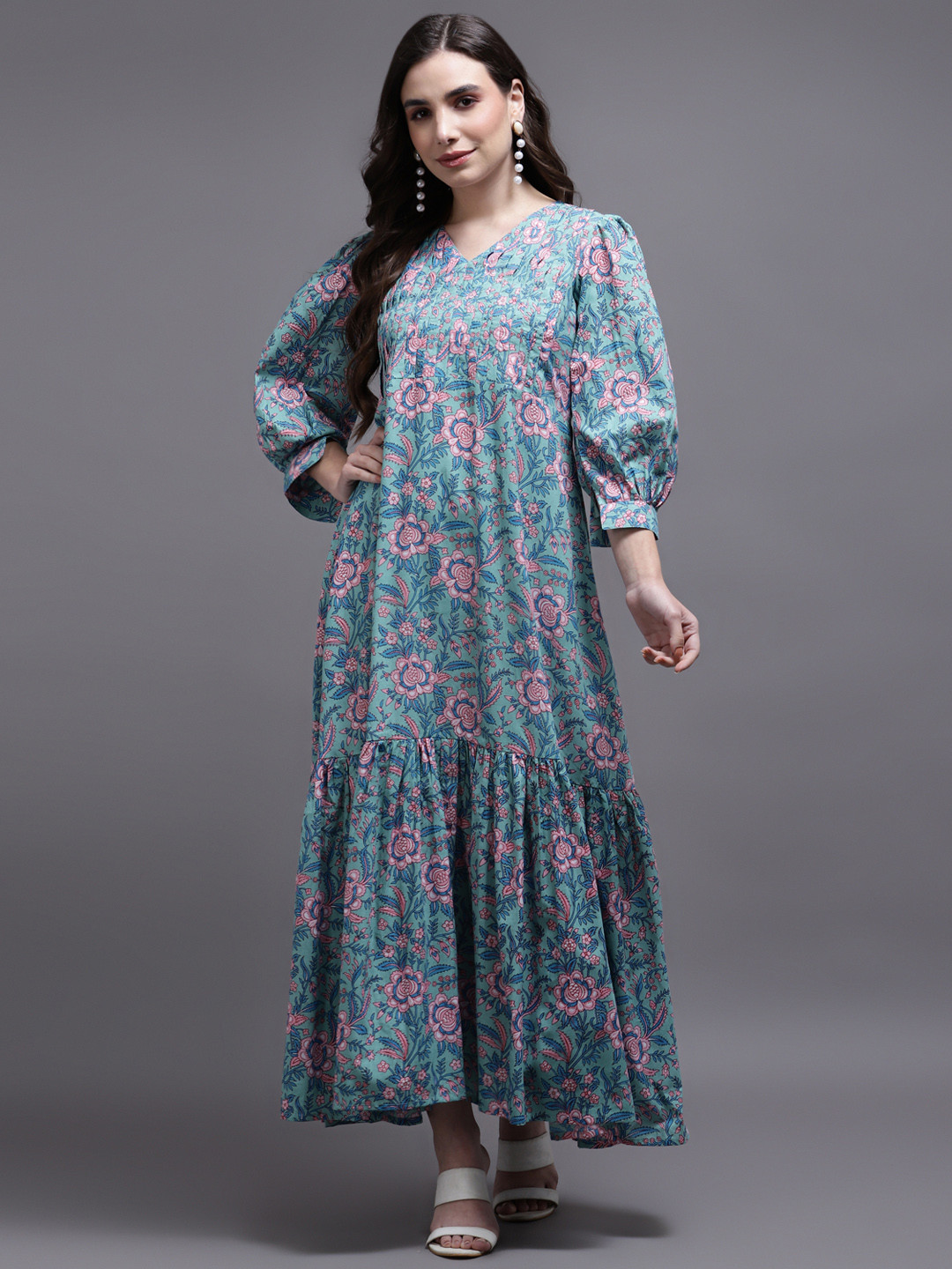 KALINI Floral Print Puff Sleeve Maxi Dress