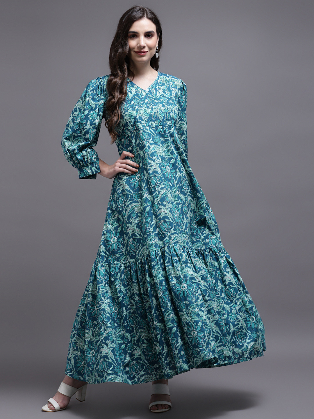 KALINI Floral Print Puff Sleeve Fit & Flare Maxi Dress