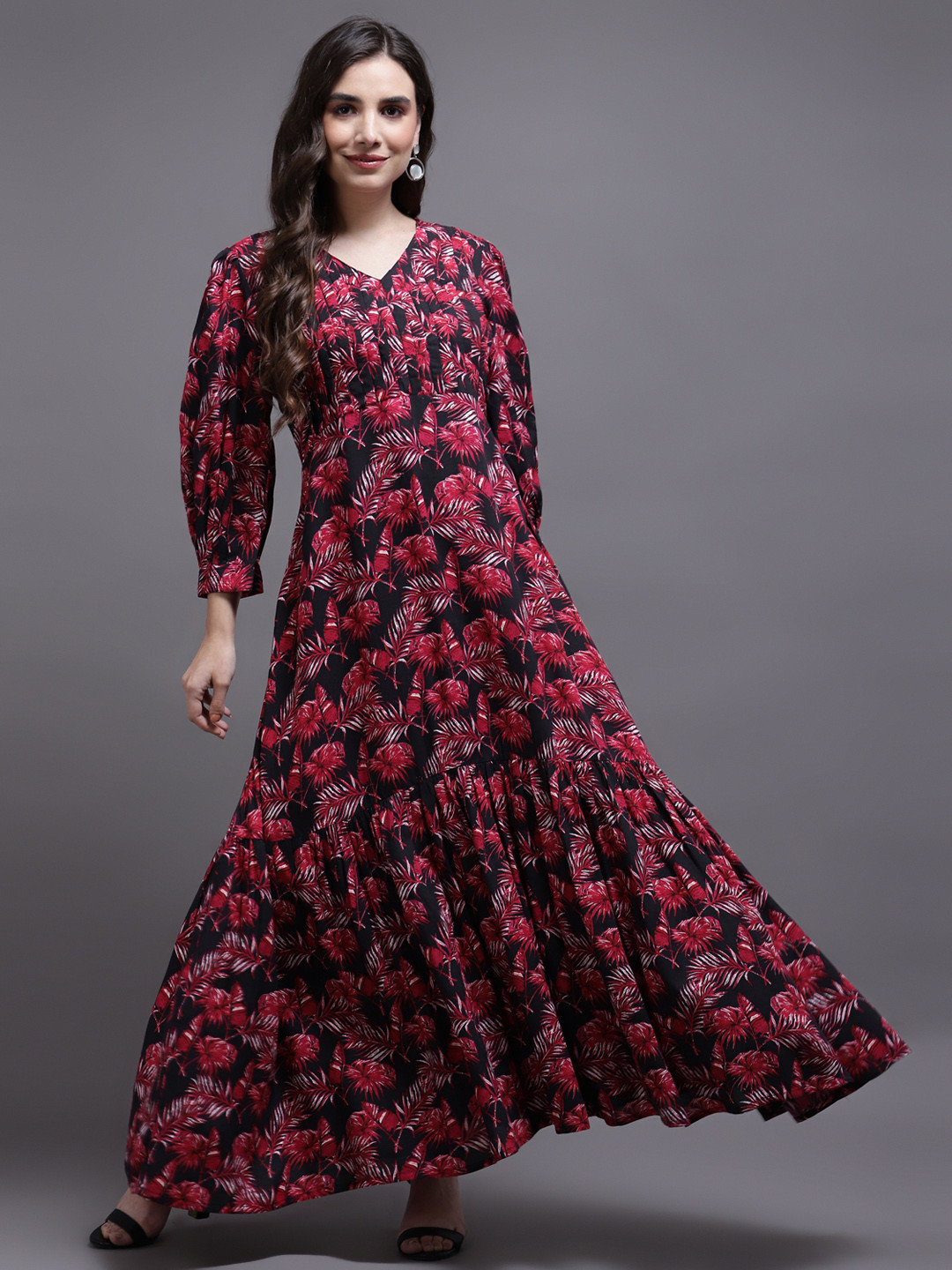 KALINI Women Red Floral Maxi V-Neck Dress