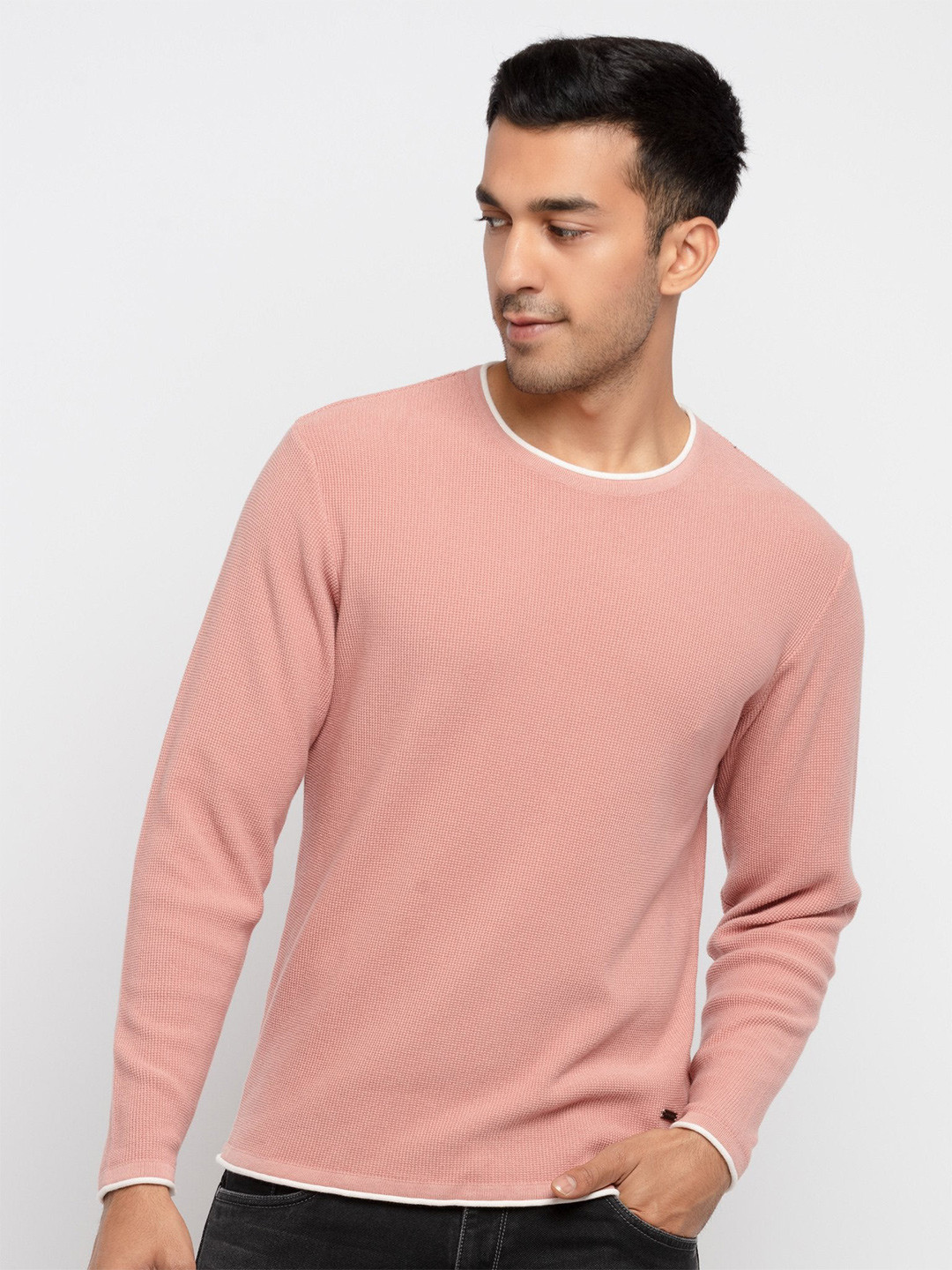 Status Quo Men Pink & White Solid Acrylic Pullover