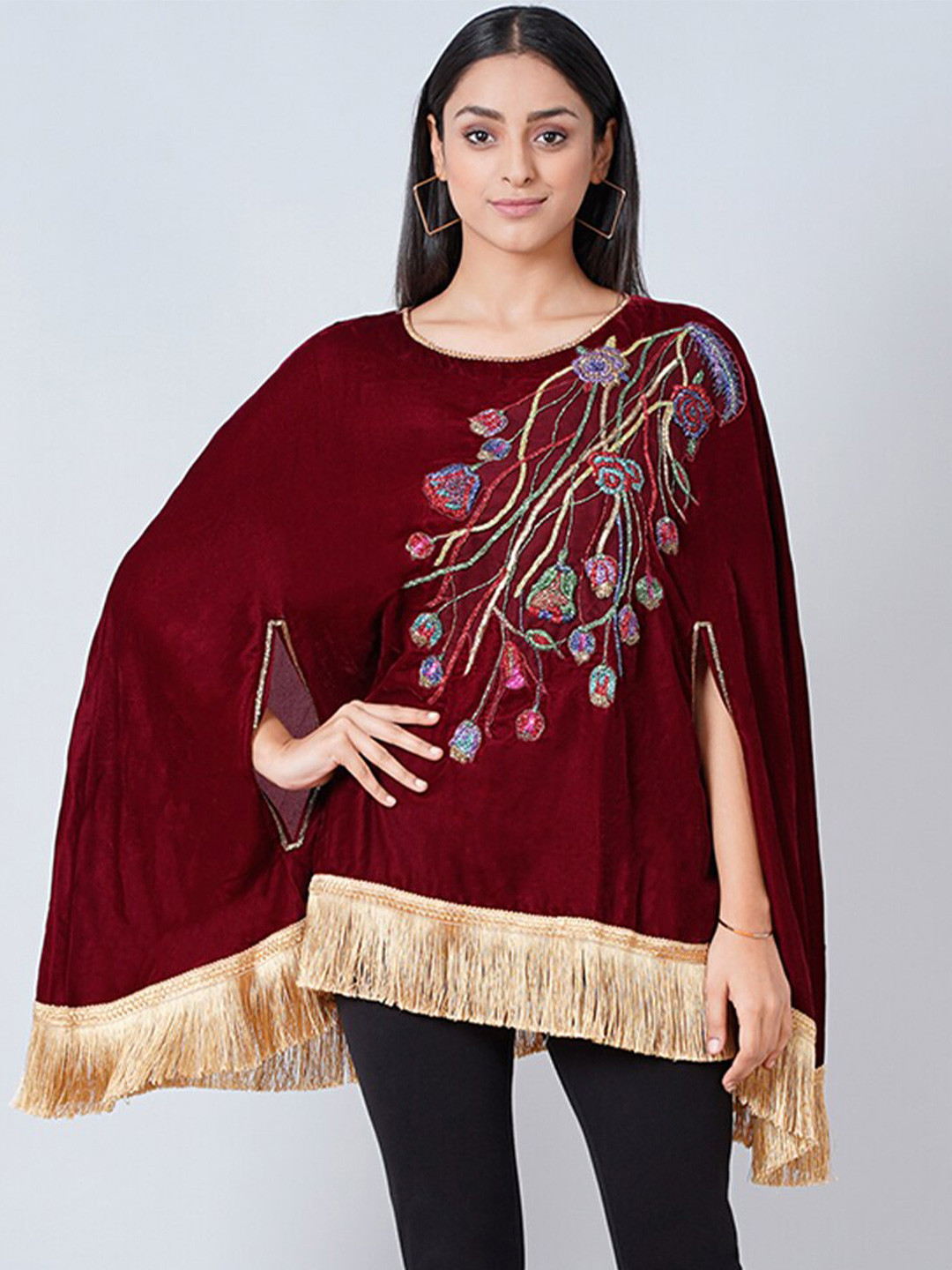 First Resort by Ramola Bachchan women Maroon Floral Embellished Velvet Cape Longline Top