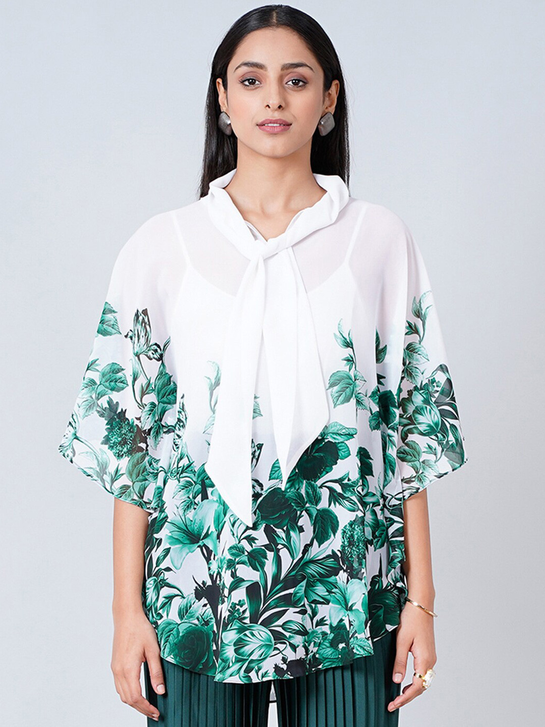 First Resort by Ramola Bachchan Women Green & White Floral Print Tie-Up Neck Georgette Top
