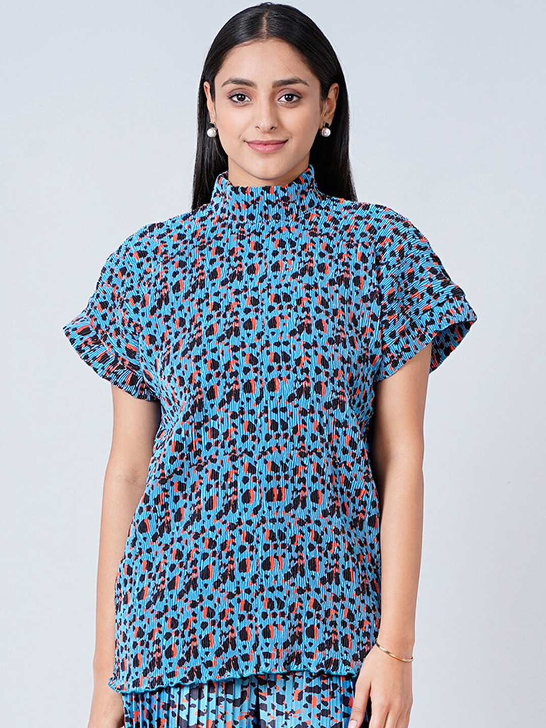 First Resort by Ramola Bachchan Women Blue & Black Print Satin Top