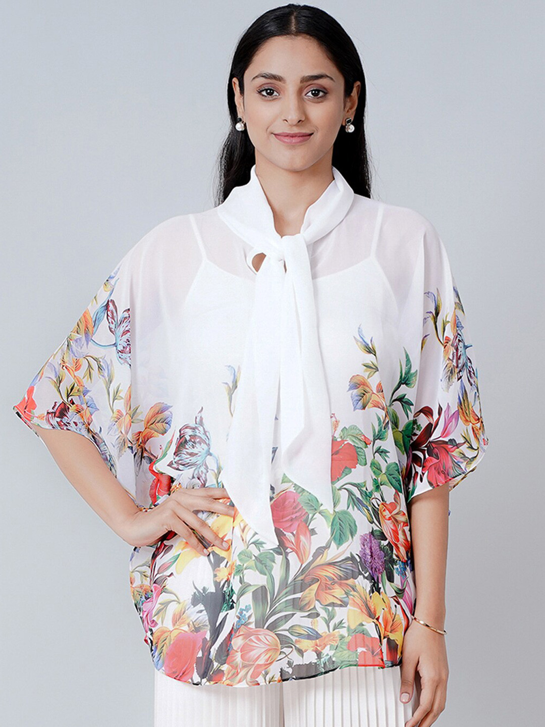 First Resort by Ramola Bachchan White Floral  Tie-Up Neck Georgette Top