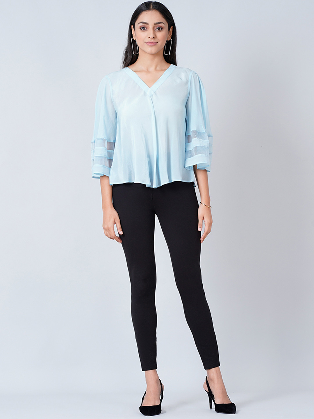 First Resort by Ramola Bachchan Blue Bell Sleeves Crepe Top