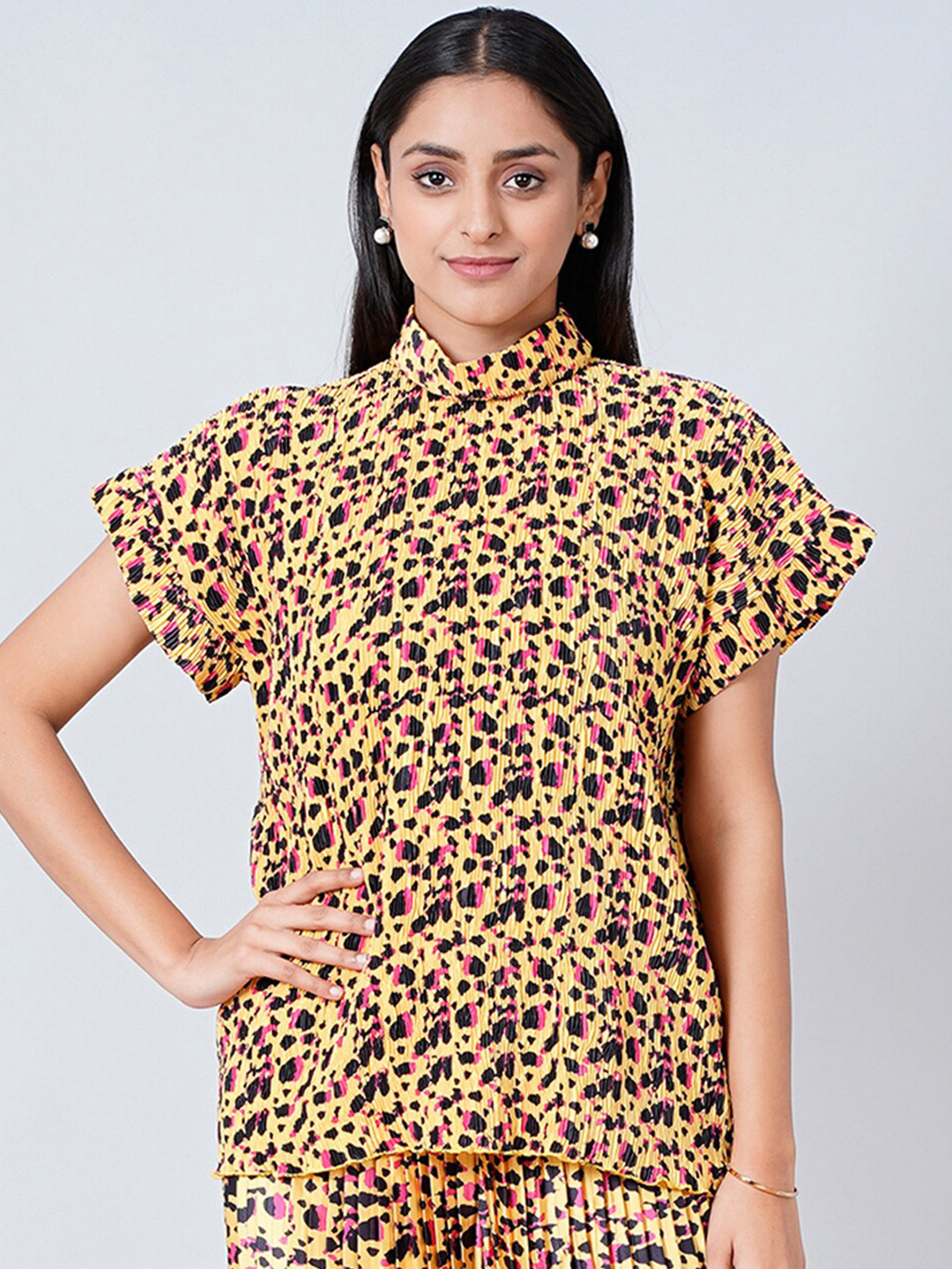 First Resort by Ramola Bachchan Women Yellow & Blue Animal Print Satin Top