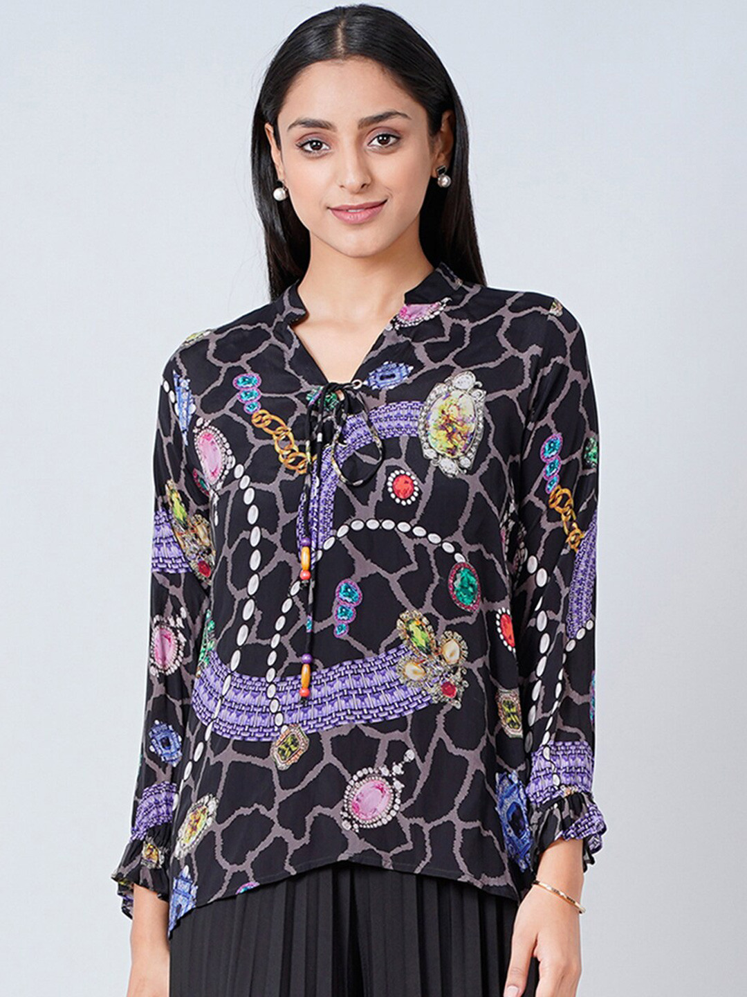 First Resort by Ramola Bachchan Black Print Tie-Up Neck Crepe Top
