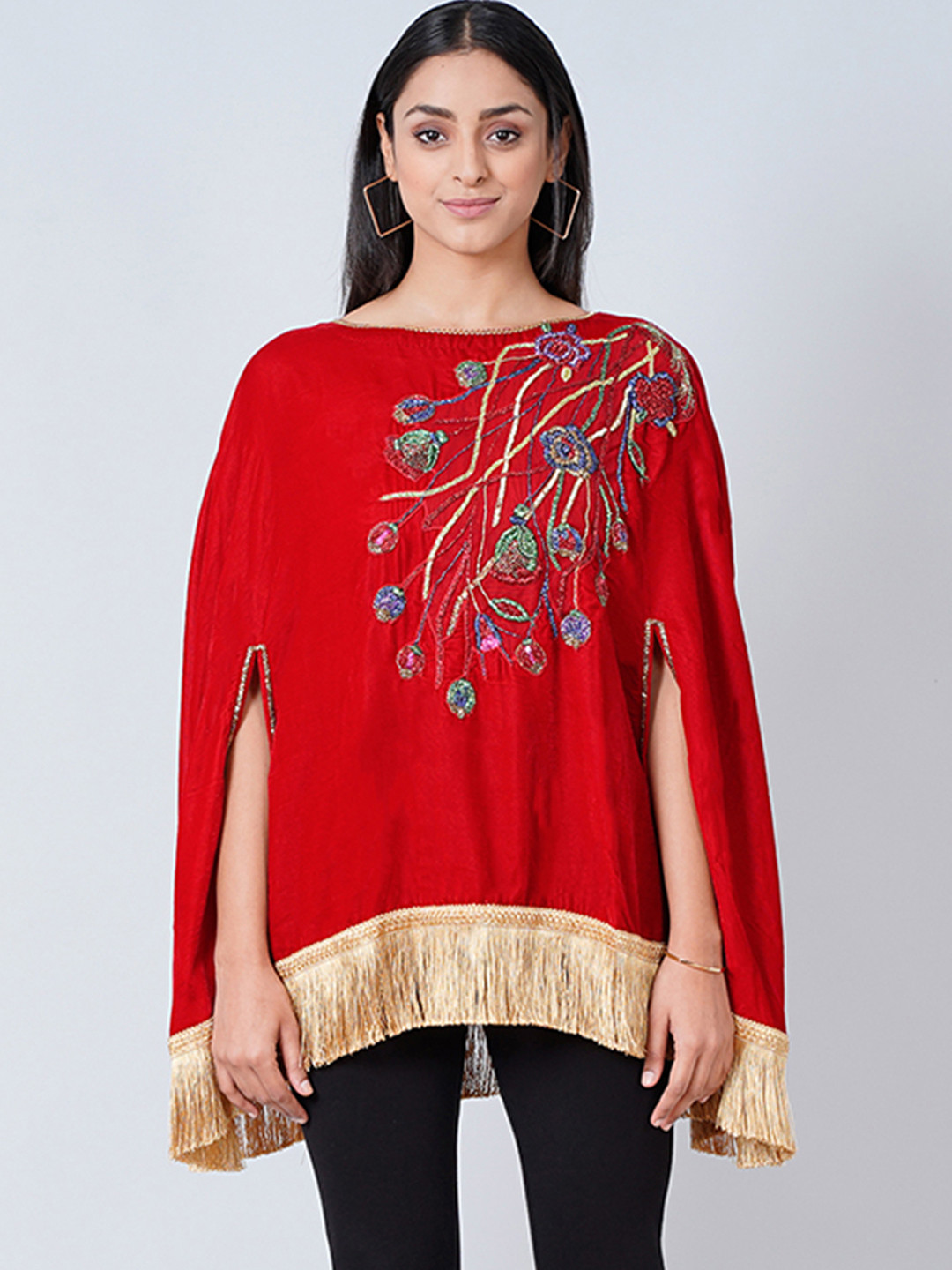 First Resort by Ramola Bachchan Women Red & CreamFloral Embroidered Velvet Longline Top