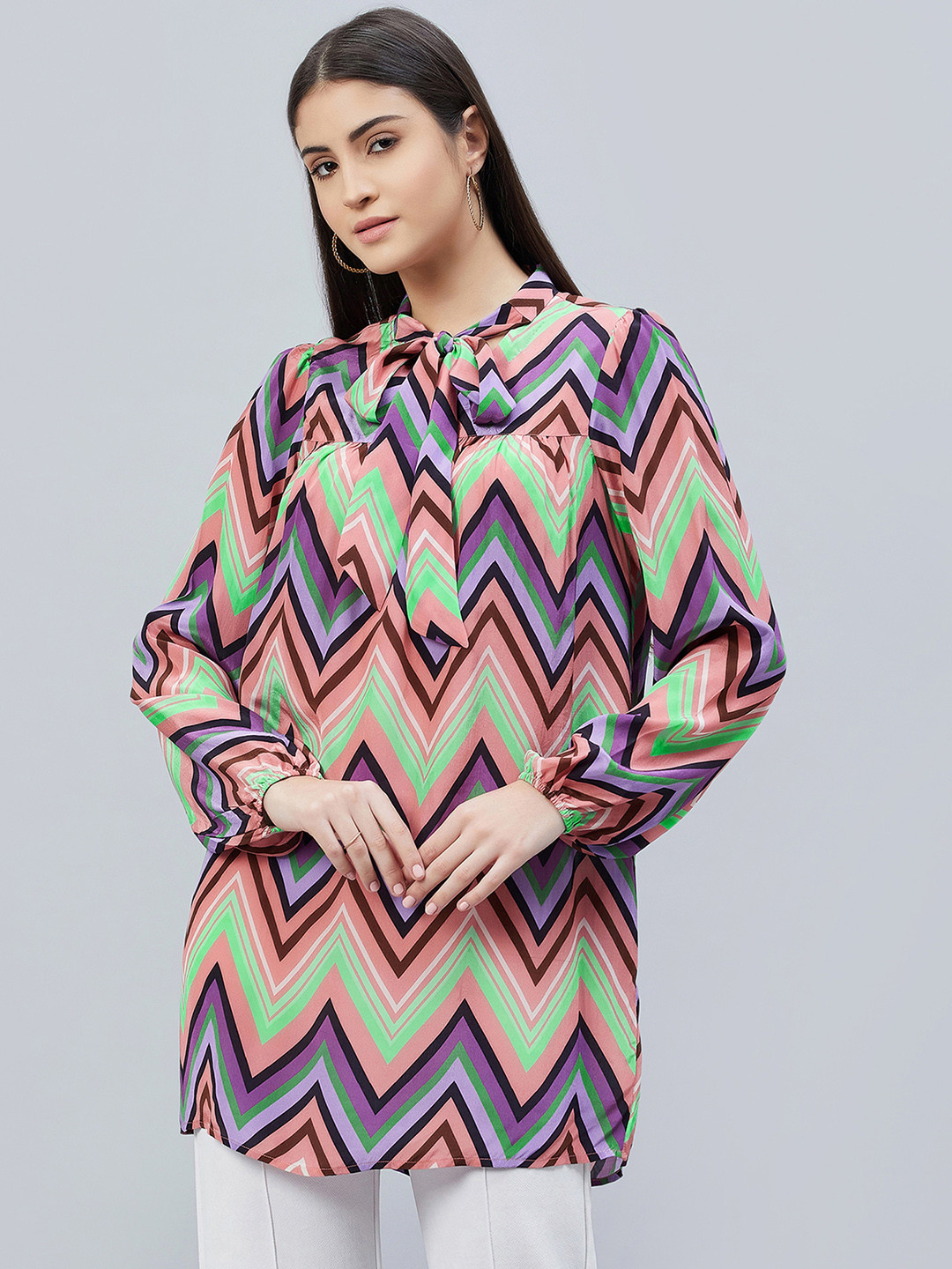First Resort by Ramola Bachchan Peach-Coloured & Mauve Geometric Print Tie-Up Neck Crepe Top