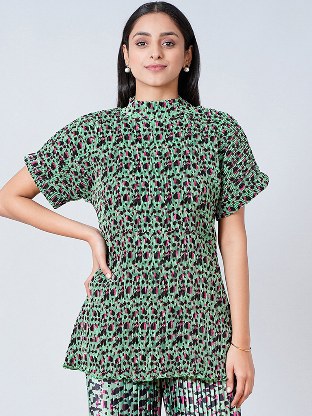 First Resort by Ramola Bachchan Green Animal Printed Satin Top