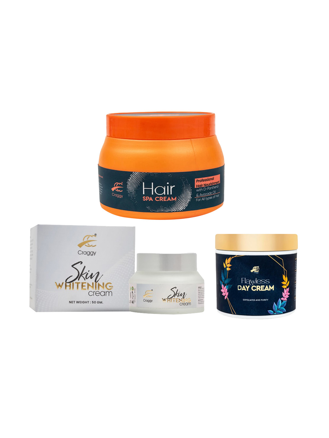 Craggy Cosmetic Set of Skin Whitening Cream 50g & Day Cream 75g with Hair Spa Cream 500g