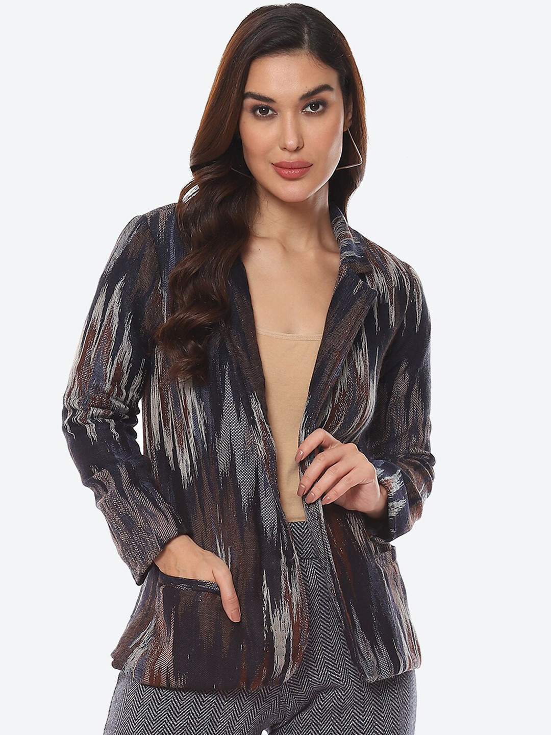 Biba Women Navy Blue Self Design Sporty Jacket