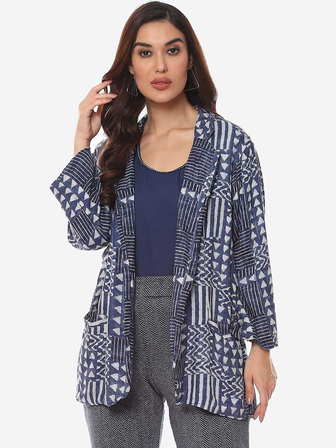 Biba Women Blue Printed Longline Jacket
