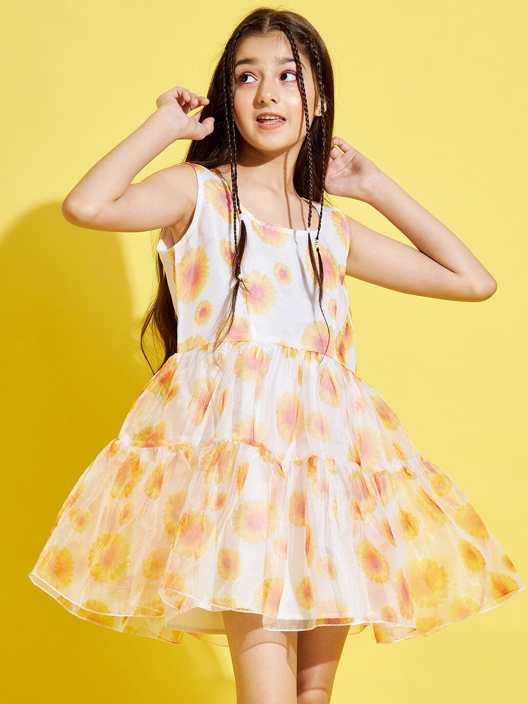 Cherry & Jerry Girls Cream-Coloured & Yellow Floral Dress