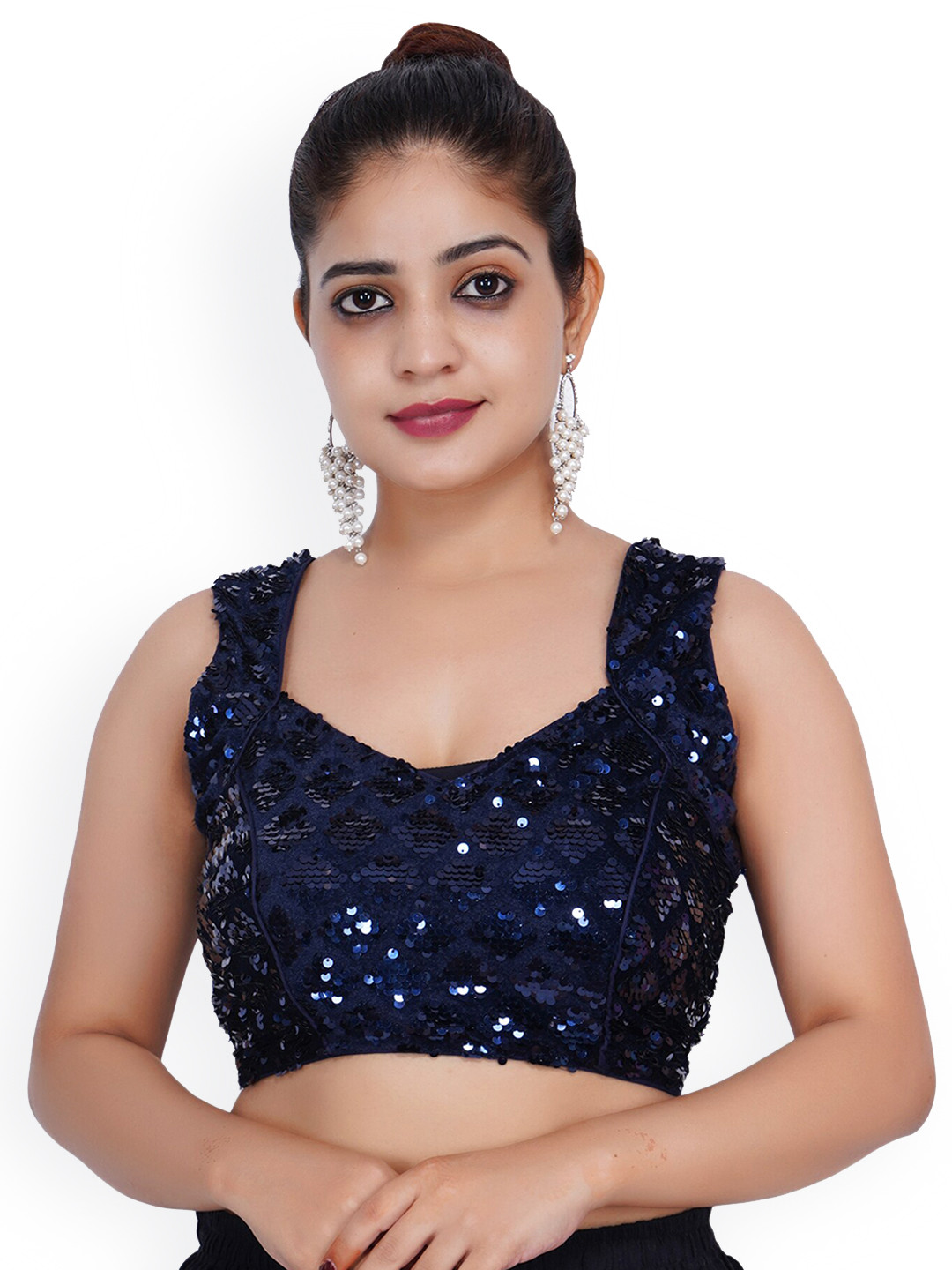 Trendzmy Blue Sequined Embroidered Silk Saree Blouse
